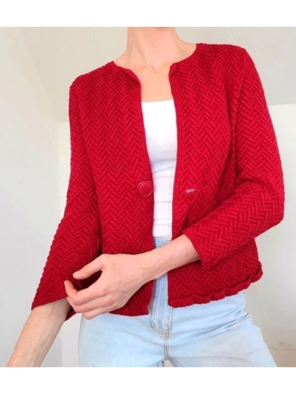 Jones New York Red Textured Knit Cardigan Jacket